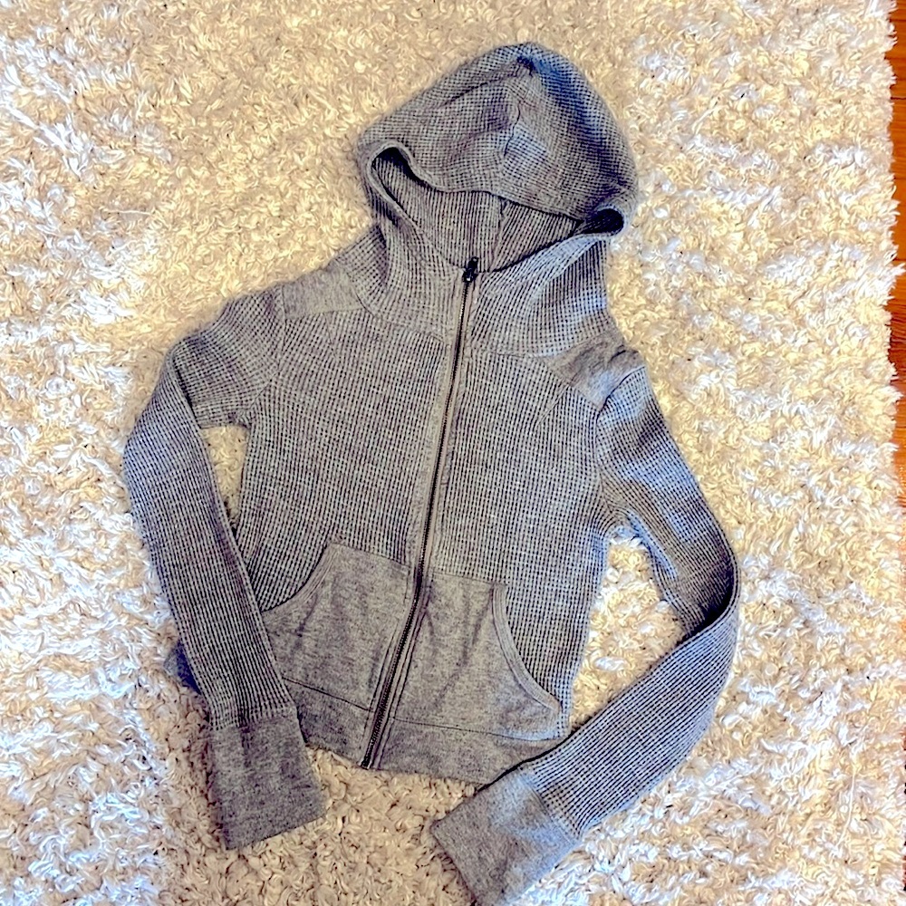 Grey, tight, waffle knit, zip up, hoodie